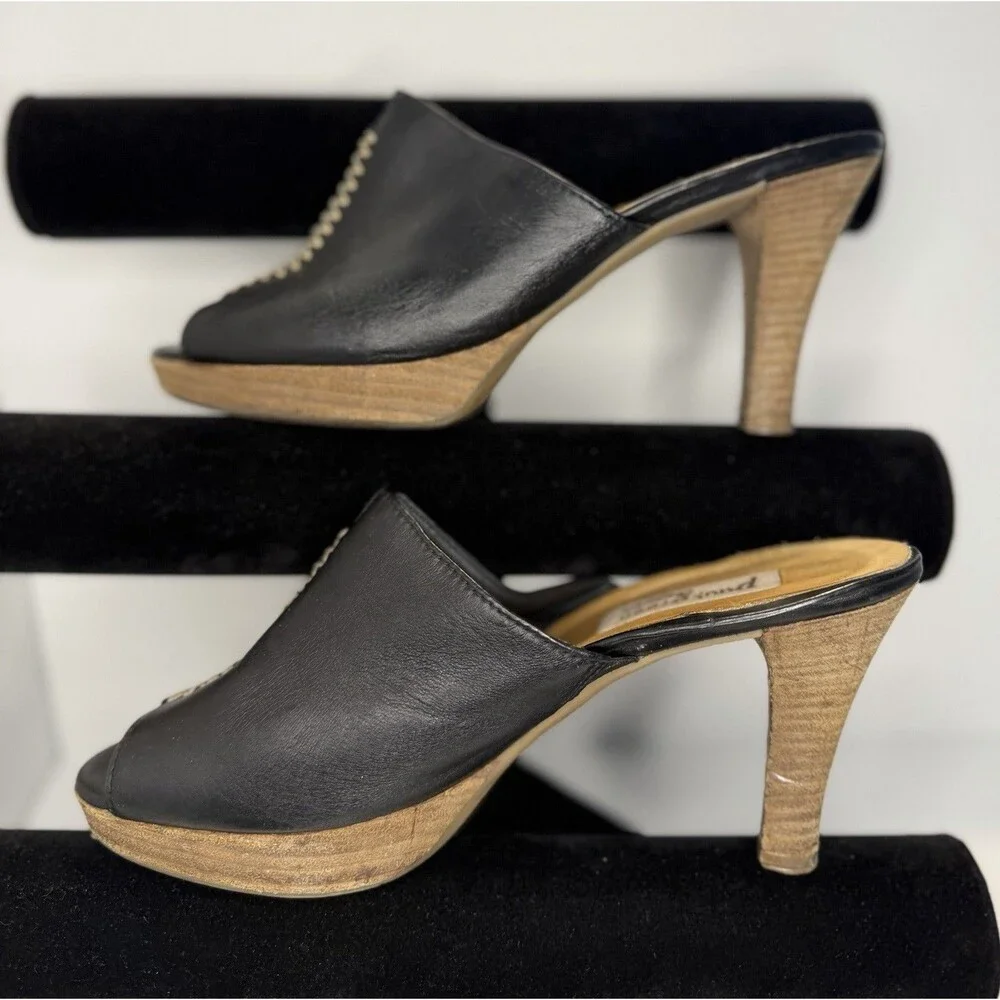 Paul Green Munchen Womens Sandals Mules Black Leather Slide Peep Toe Clogs 5.5